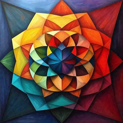 The primary subject of the image is a colorful, geometric pattern that resembles a flower. The setting is a blue background, and the visual style appears to be a combination of digital art and illustration. The dominant colors in the image are blue, green, yellow, and orange, creating a vibrant and lively atmosphere.
